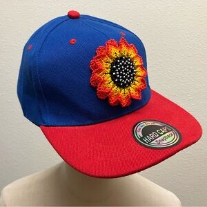 Huichol Blue and Red Snapback with Handwoven Sunflower Patch Boho Trucker Hat
